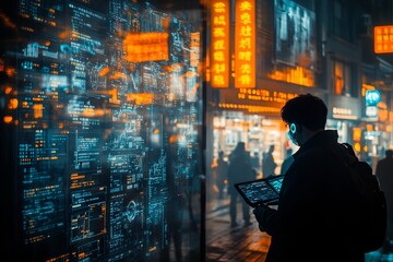 A man stands on a street in a city at night, looking at his tablet, while digital information is projected on the buildings around him.