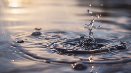 Water drop on the surface of the river, closeup of photo in the evening