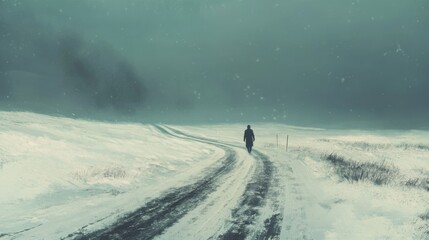 A solitary figure walks down a snow-covered road in a desolate winter landscape. The sky is overcast with falling snow.