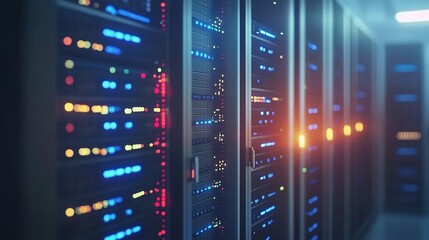 Naklejka premium Server Room with Colorful LED Lights and Technology