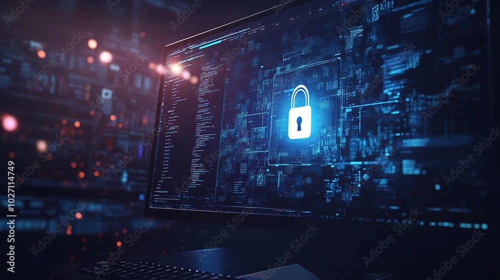 Poster digital security concept with lock and data background