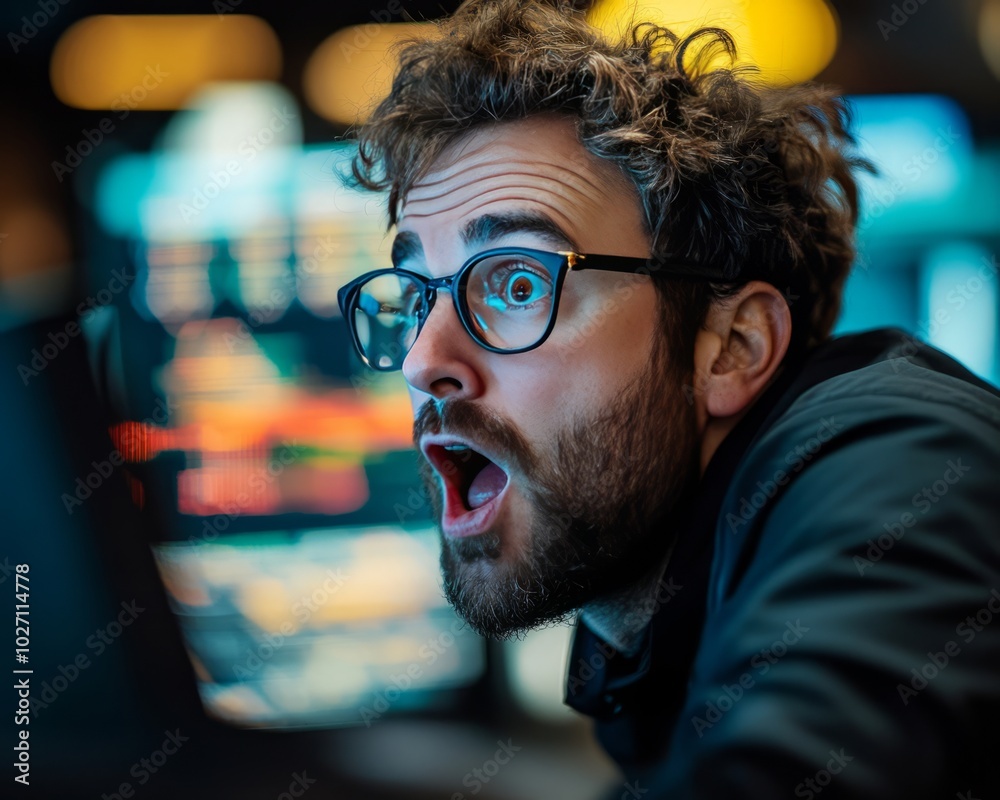 Sticker A man with a surprised expression on his face looks at a computer screen.