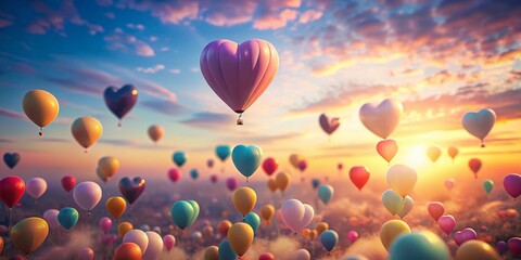 Fototapeta premium Whimsical Heart-Shaped Balloons in a Pastel Sky - Tilt-Shift Photography