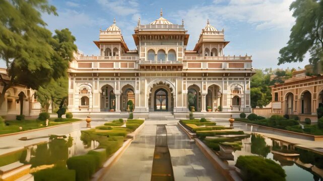 A symmetrical view of the City Palace in Jaipur, India, showcasing the ornate courtyard and grand entrance, Historic palaces with ornate courtyards and towering gates