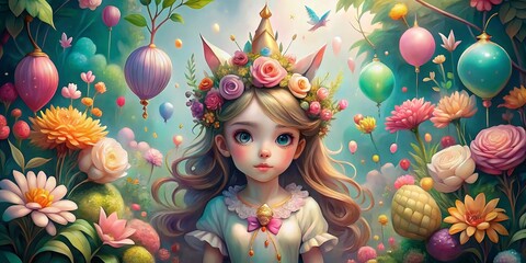 Fototapeta premium Whimsical unicorn girl princess adorned with flowers and balloons. Charming vintage hand-drawn illustrations evoke a sense of magic and joy in this