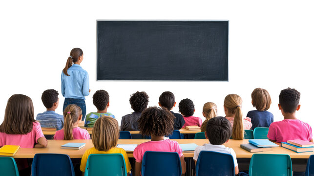 Diverse Group of School Children Listening to Teacher in Classroom.