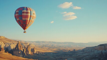 Fototapeta premium Colorful Hot Air Balloon Over Scenic Landscape