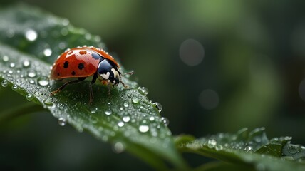Obraz premium a vibrant ladybug perched on a dew-kissed leaf, its red shell glistening in the morning sunlight. Tiny droplets of water cling to its delicate legs and antennae, creating a sparkling effect.
