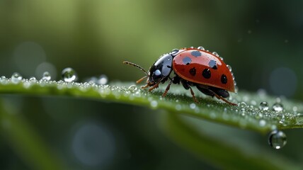 Obraz premium a vibrant ladybug perched on a dew-kissed leaf, its red shell glistening in the morning sunlight. Tiny droplets of water cling to its delicate legs and antennae, creating a sparkling effect.