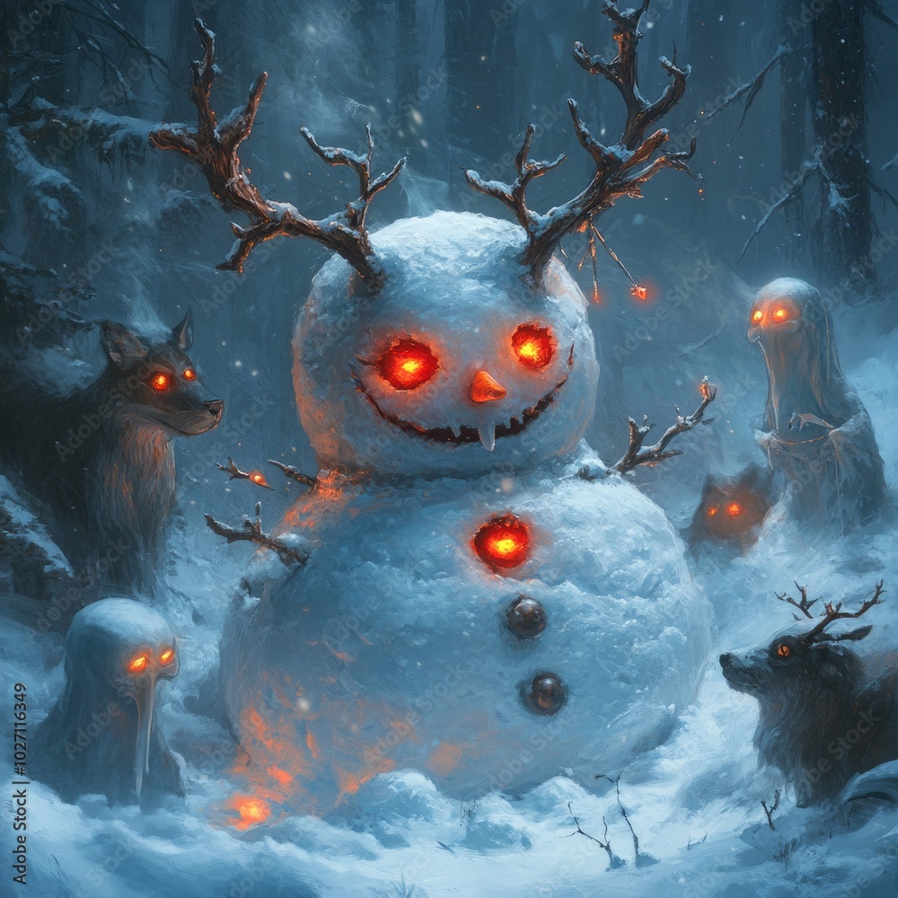 Poster A menacing snowman with glowing red eyes and antlers, surrounded by wolves and ghostly figures in a dark, snowy forest.