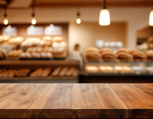 Empty wooden table top in focus, blurred bakery background. Blank desk for advertising product