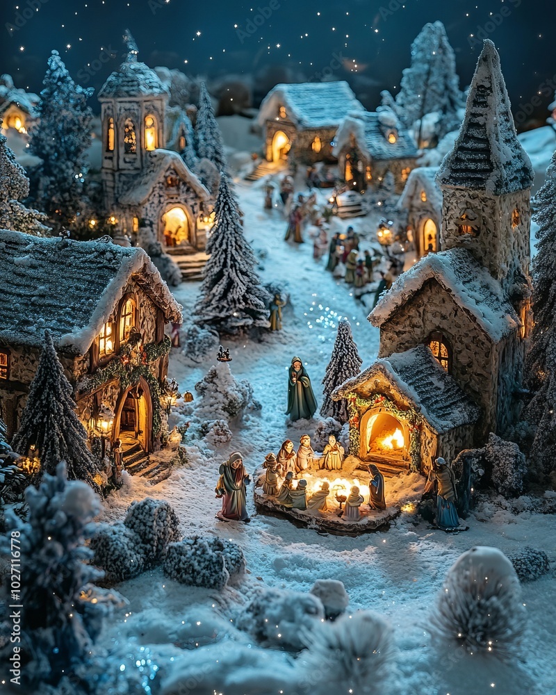 Poster A miniature Christmas village scene with snow, houses, and lights.