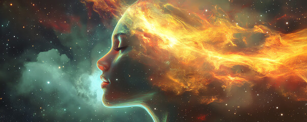Naklejka premium Surreal energy flow through a translucent human head, connected with the stars and galaxies, glowing particles, cosmic mind explosion, abstract futuristic design copy space