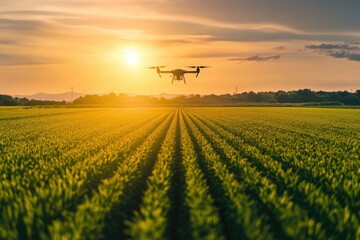 Drone Flying Over Green Field at Sunset