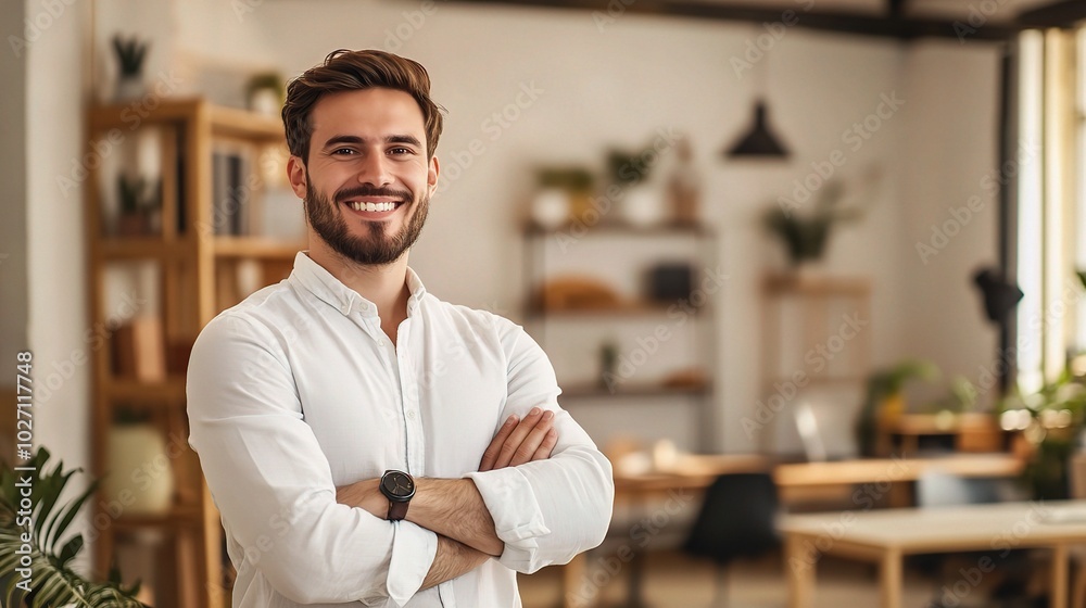 Poster Confident Young Man Smiling in Modern Workspace