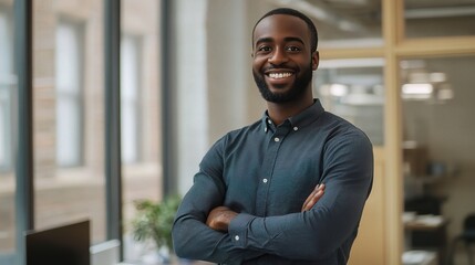 Obraz premium Confident Man Smiling in Modern Office Environment