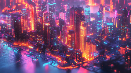 Futuristic city with data streams flowing in all directions, isometric view, illustrating data flow efficiency, digital tone, vivid