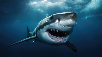 Obraz premium Majestic Great White in Ocean Depths