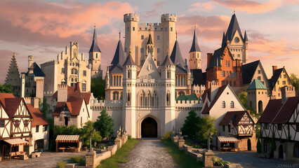 Fototapeta premium Medieval village with castle architecture countryside european 