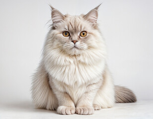 Fototapeta premium Elegant Persian cat with long, fluffy fur sitting upright. The cat displays a calm and regal demeanor, perfect for pet-related content or advertisements.