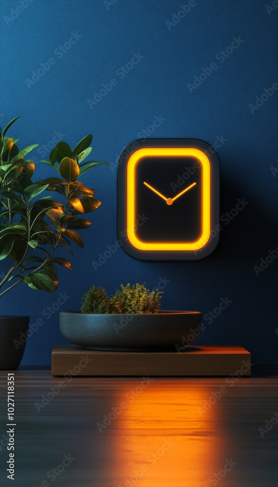 Canvas Prints A minimalist clock with a warm glow on a dark blue wall, illuminating the wooden surface and potted plants.