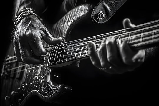 Schwarz-Wei&szlig;-Detailaufnahme eines Bassisten beim Spielen der Gitarre