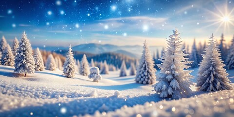 Obraz premium Winter Wonderland Tilt-Shift Photography of Snow Covered Landscape Under Blue Sky with Snowflakes