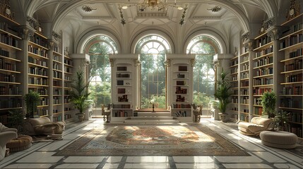 Fototapeta premium Grand Library Interior Design: Luxurious Reading Room with Arched Windows