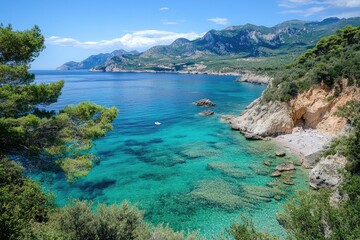 Fototapeta premium Turquoise water surrounding rocky coastline on sunny day