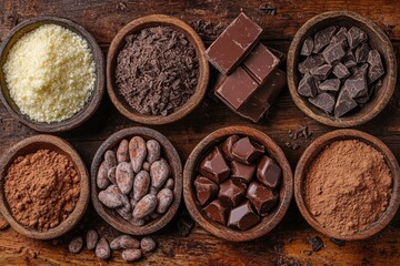Variety of cocoa products displayed in rustic wooden bowls