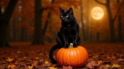 Black cat sitting on pumpkin with autumn mood in forest background, Halloween concept
