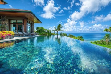 Obraz premium Amazing infinity pool overlooking the ocean on a sunny day with clouds