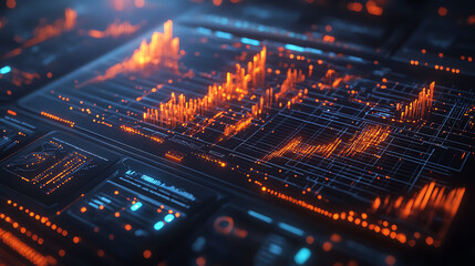 Obraz premium A 3D holographic interface displaying big data insights, top view, showcasing technological innovation. Futuristic tone, Vivid