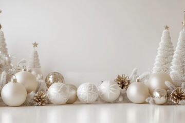 Christmas ornaments and white trees creating festive atmosphere on white background