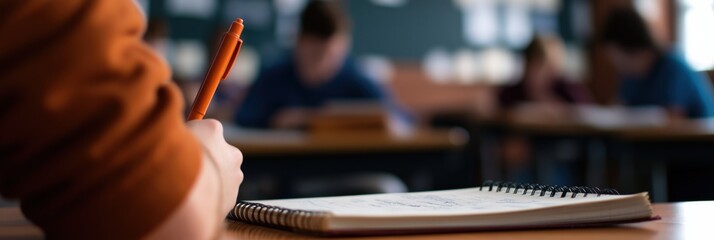A student attentively writes notes in a classroom setting, indicating the educational pursuit of knowledge and focus necessary for success and learning.