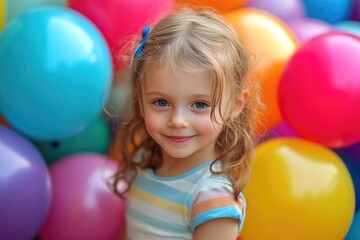 Young girl is happily posing, surrounded by colorful balloons