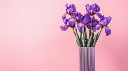 A tall metal vase with deep purple irises on a pale pink background © P.manthana