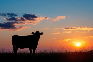 Black cow standing in field at sunrise