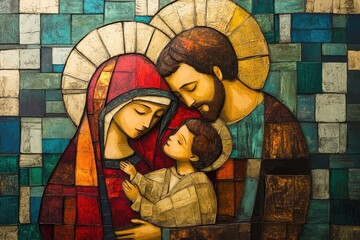 Holy family embracing in modern stained glass art © Gatherina