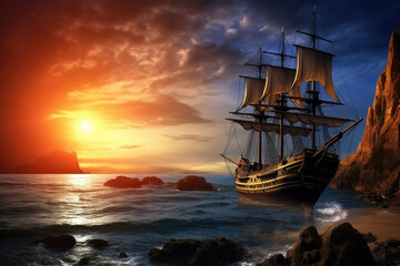 Fototapeta premium Majestic Sailing Ship on Ocean at Sunset Adventure