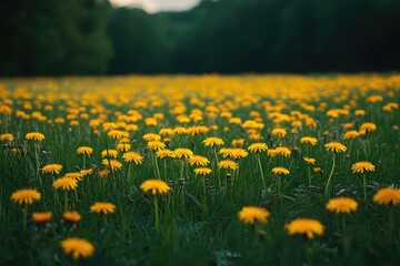 Fototapeta premium Bright yellow dandelion flowers growing wild in green meadow