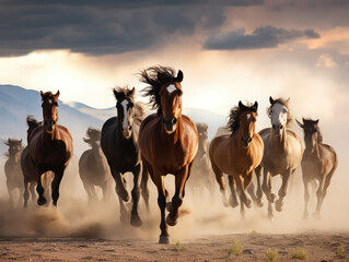Majestic Herd Galloping in Dust at Sunset
