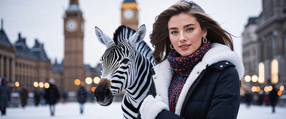 portrait of a woman in the city taking photo of her zebra couple-1