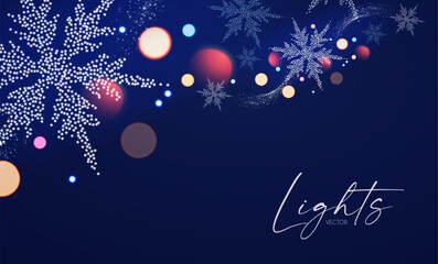 Merry Christmas and Happy New Year design with snowflakes and lights. Shining winter background