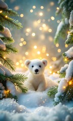 Fototapeta premium Christmas Polar Bear Snow Background, Festive Backdrop with Soft Lighting and Winter Magic for Graphic Design and Posters 
