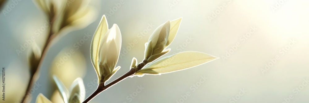 Wall mural Delicate green buds on a branch illuminated by soft light. This serene image captures the essence of nature in spring. Perfect for environmental themes and calming artwork. AI