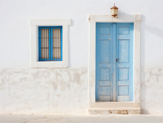 Fototapeta premium Charming Mediterranean Blue Door on White Wall