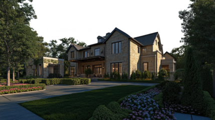 Stone House with Lush Green Landscaping and Walkway