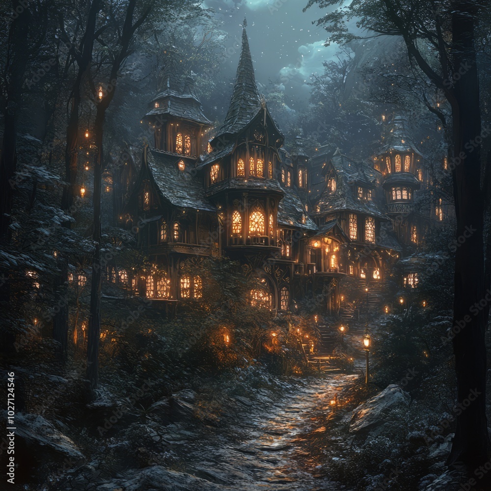 Poster A mystical, fairytale-like village nestled in a dark and mysterious forest.