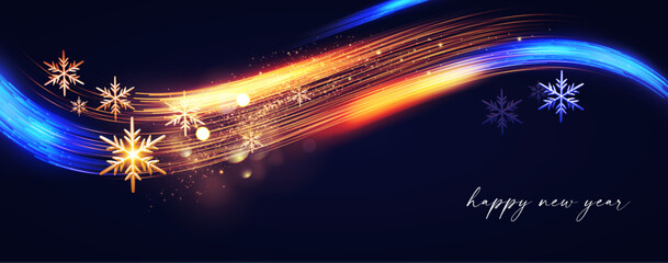 Merry Christmas shining celebration with motion light and gold snowflakes